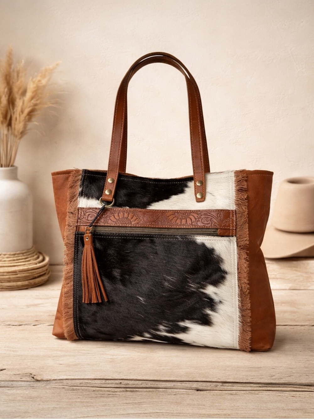 Myra Cowhide Tooled Leather Tote Bag Western Boho Floral Fringe Shoulder Bag